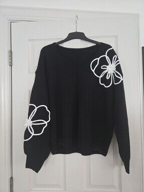 Black V-Neck Women's Sweater with White Flower Appliqués